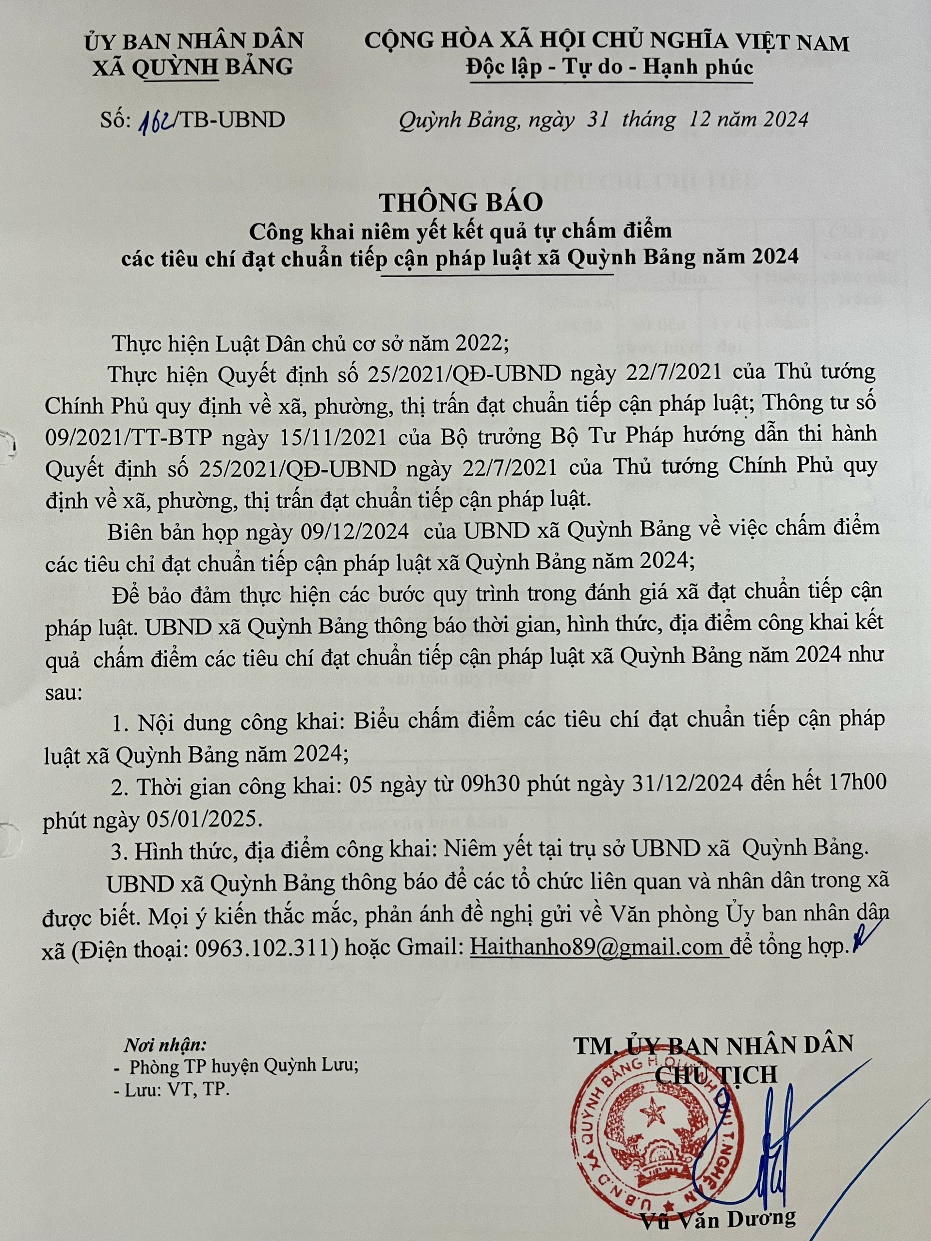 UBND xã Quỳnh Bảng thông báo công khai kết quả chấm điểm các tiêu chí đạt chuẩn Tiếp cận pháp luật xã Quỳnh Bảng năm 2024